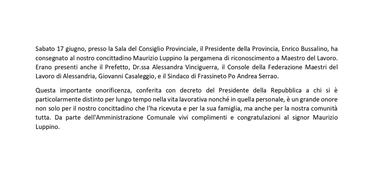 Cerimonia di riconoscimento Maestro del Lavoro a Maurizio Luppino
