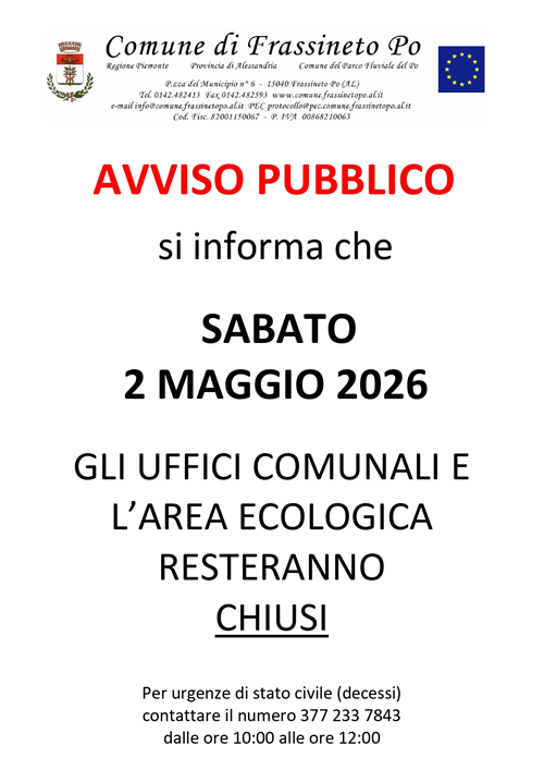 Avviso chiusura uffici comunali e area ecologica - Sabato 2 Maggio 2026